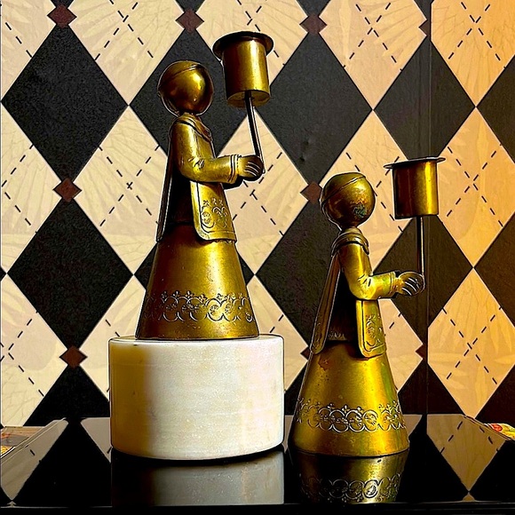 Vintage Brass Altar Figurine Candle Holders – Hand Hammered Rare Matching Pair